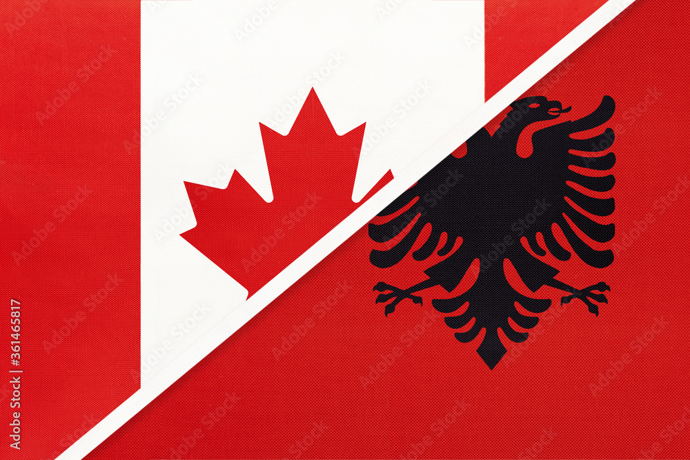 Obraz premium Canada and Albania, symbol of national flags from textile. Championship between two countries.