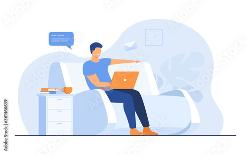 Cartoon man sitting at home with laptop isolated flat vector illustration. Young businessman on sofa with computer. Lifestyle, freelance and chat concept