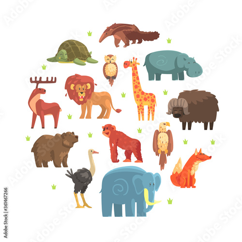 Cute Wild Jungle Animals of Round Shape, Zoo Park Design Element Vector Illustration