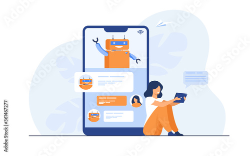 Tiny woman using mobile assistant with chatbot isolated flat vector illustration. Modern customer support online. Conversation and digital technology concept