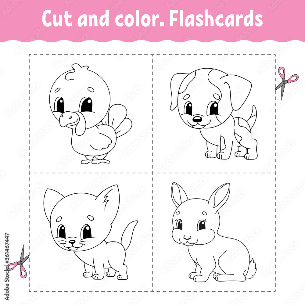 Obraz premium Cut and color. Flashcard Set. Coloring book for kids. Cartoon character.