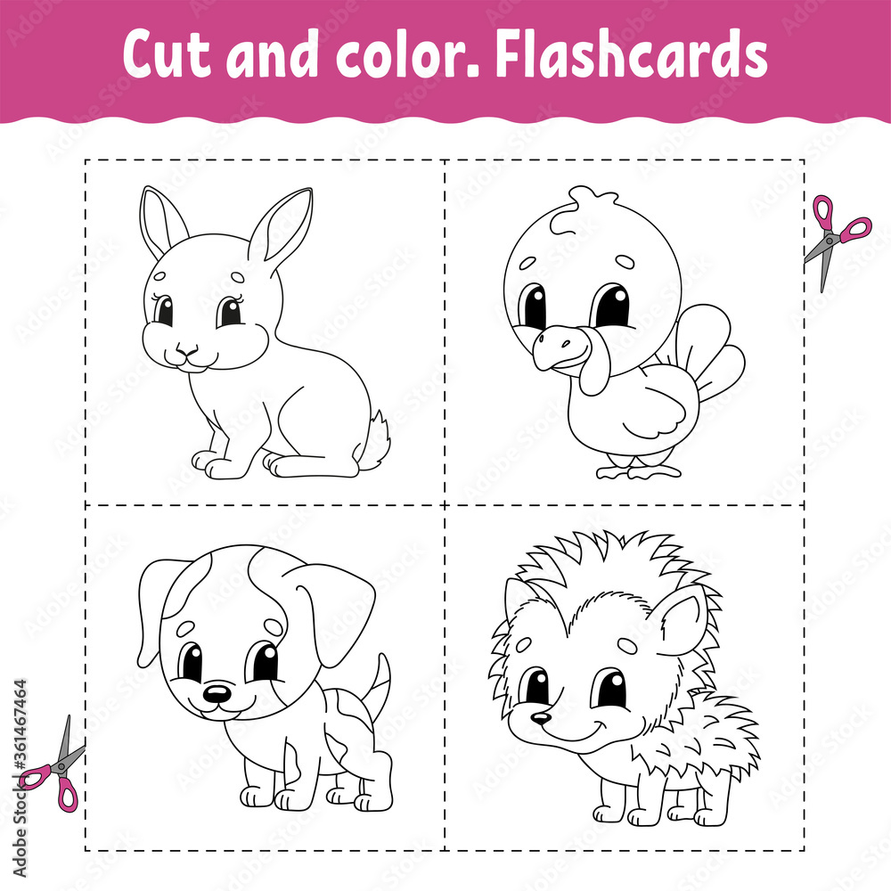 Obraz premium Cut and color. Flashcard Set. Coloring book for kids. Cartoon character.