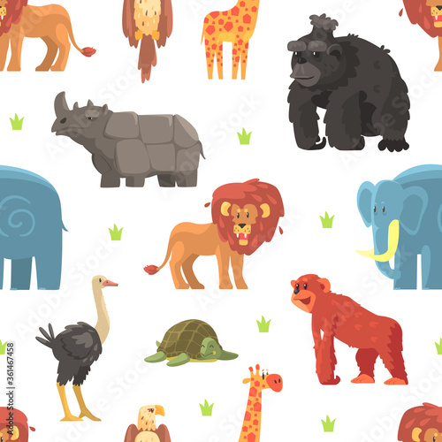 Cute Wild Jungle Animals Seamless Pattern, Design Element Can Be Used for Fabric, Wallpaper, Packaging, Web Page, Background Vector Illustration photo