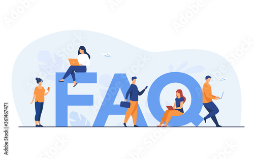 Tiny people sitting and standing near giant FAQ isolated flat vector illustration. Cartoon users asking questions and getting answers. Help, instruction and support information concept
