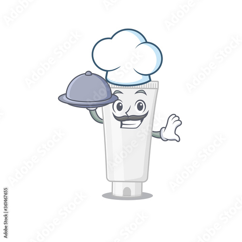 mascot character style of shower gel chef serving dinner on tray