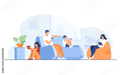 Cartoon family sitting at home with gadgets isolated flat vector illustration. Mom, dad, kids or with children phones and tablets. Lifestyle, problem and social media concept