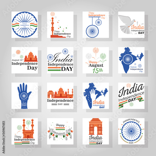 Happy india independence day icon set detailed style icon vector design