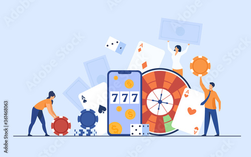 Happy tiny people gambling in online casino isolated flat vector illustration. Cartoon characters playing in roulette, poker, blackjack. Money and risk concept