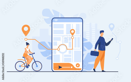 Tiny people using mobile application with map outdoors isolated flat vector illustration. Cartoon phone with navigation tracking app. Journey and technology concept