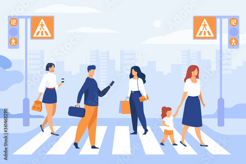 Cartoon pedestrians walking through crosswalk isolated flat vector illustration. People crossing avenue road. Modern lifestyle, traffic and cityscape concept