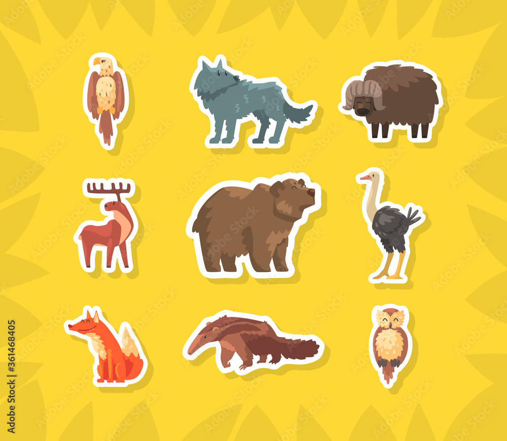 Obraz premium Cute Wild Animals Stickers, Eagle, Wolf, Buffalo, Moose, Bear, Ostrich, Fox, Owl, Anteater Vector Illustration