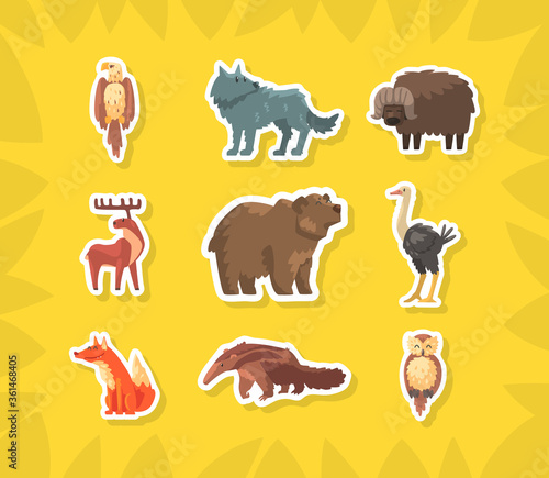 Cute Wild Animals Stickers  Eagle  Wolf  Buffalo  Moose  Bear  Ostrich  Fox  Owl  Anteater Vector Illustration