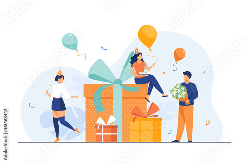 Cartoon friends celebrating birthday with balloons and gifts isolated flat vector illustration. Happy characters with present boxes at Christmas party. Celebration and event concept