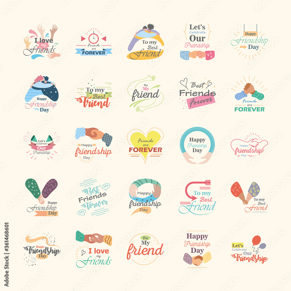 Happy friendship day detailed style icon set vector design