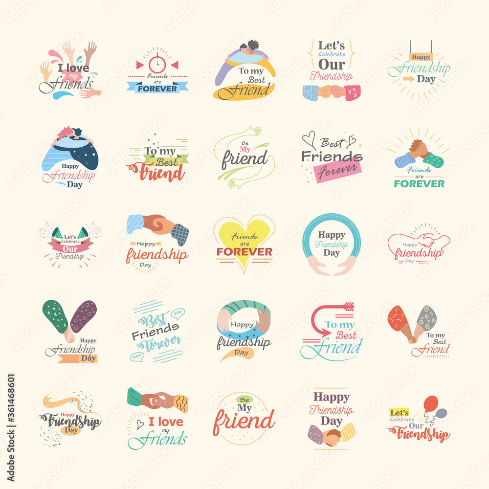 Happy friendship day detailed style icon set vector design Happy friendship day detailed style icon set vector design