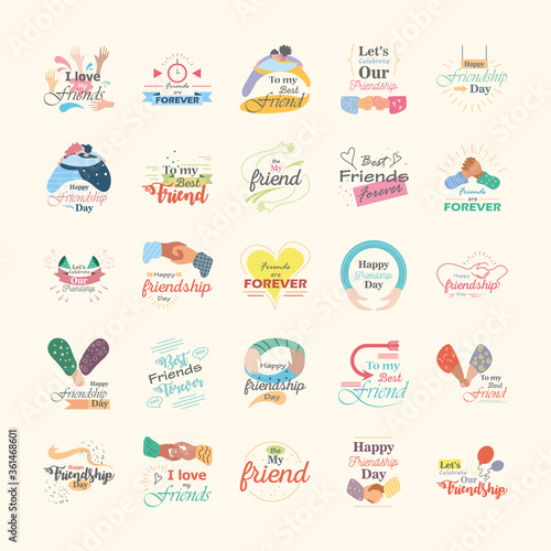 Happy friendship day detailed style icon set vector design