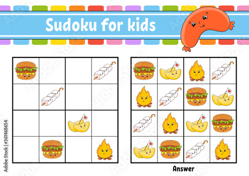 Sudoku for kids. Education developing worksheet. Cartoon character. Color activity page. Puzzle game for children. Logical thinking training. Isolated vector illustration.