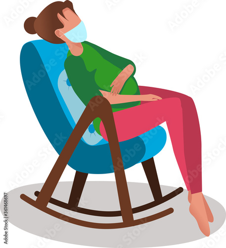A pregnant woman is sitting in a chair in an antiviral mask. Preparing for the birth of a child. Concept of an Asian flu outbreak, coronavirus. Pandemic flu, virus, bacteria.