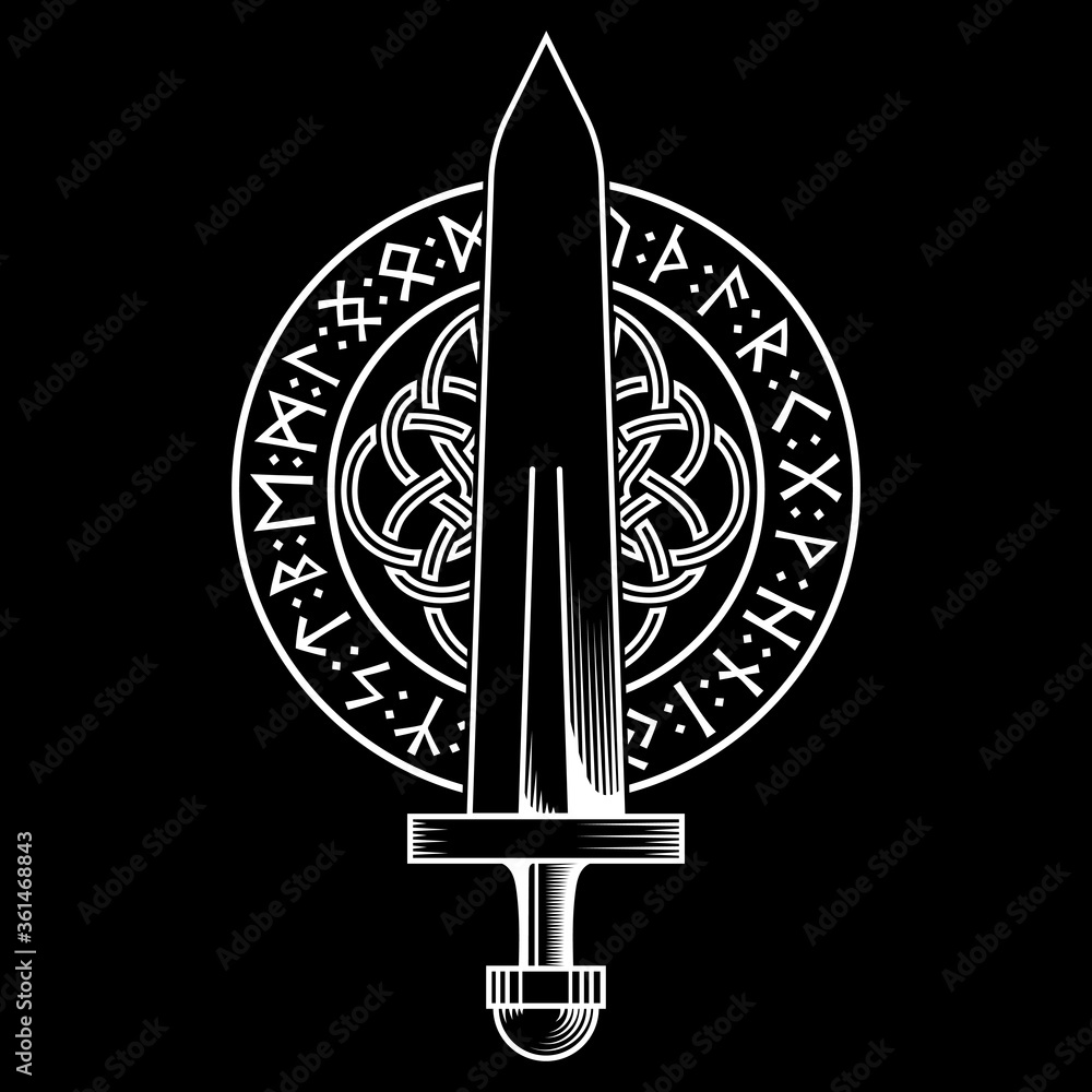 Viking design. Viking sword in a circle from Ancient Scandinavian runes ...