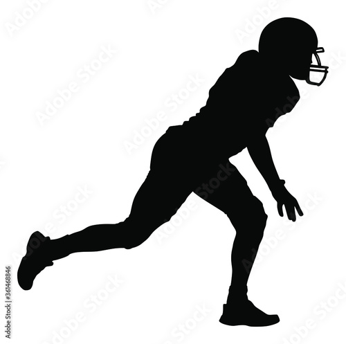 American football player in action, vector silhouette isolated on white background. Sportsman in full equipment on court. Rugby sport man, popular super star collage sport.