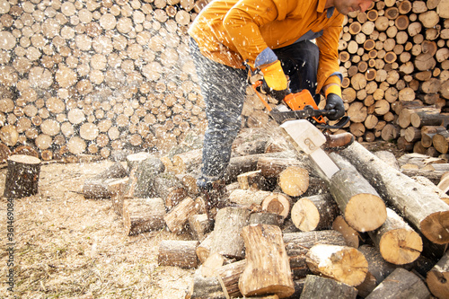 Chainsaw in action cutting wood. Man cutting wood with saw, dust and movements. Chainsaw. Close-up of woodcutter sawing chain saw in motion, sawdust fly to sides. photo