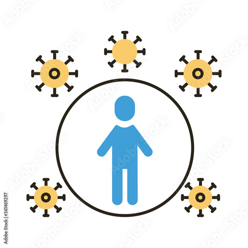 human figure with covid19 particles distance social flat style