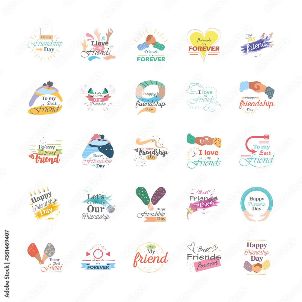 Happy friendship day detailed style icon set vector design