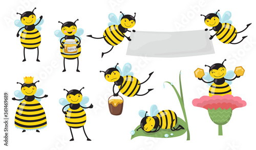 Funny cartoon bee in different actions set. Yellow honeybee flying, waving hello, producing honey, sleeping, showing banner. Vector illustrations for mascot, beekeeping, honeycomb concept