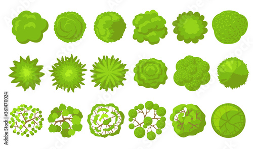 Green trees set. Aerial, plan or top view of park plants, bush, forest or garden. Vector illustrations for garden, landscape, map concept