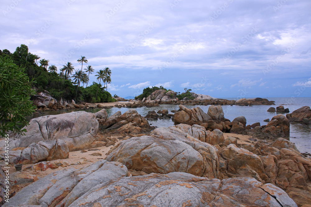 Panoramic beach with sand and stones on the island of Sand Bangka Belitung Indonesia Panoramic beach with sand and stones on the island of Sand Bangka Belitung Indonesia