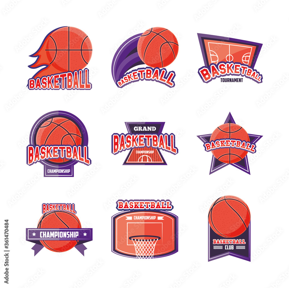 Basketball detailed style icon set vector design