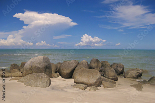 Panoramic beach with sand and stones on the island of Sand Bangka Belitung Indonesia