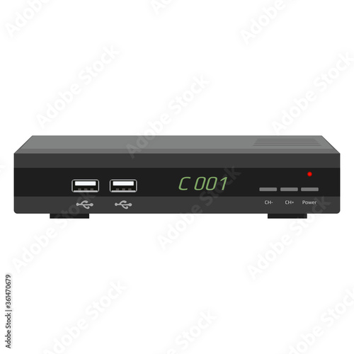 Realistic tv control device isolated on white. Satellite receiver with display, USB ports and control buttons. Vector EPS 10.