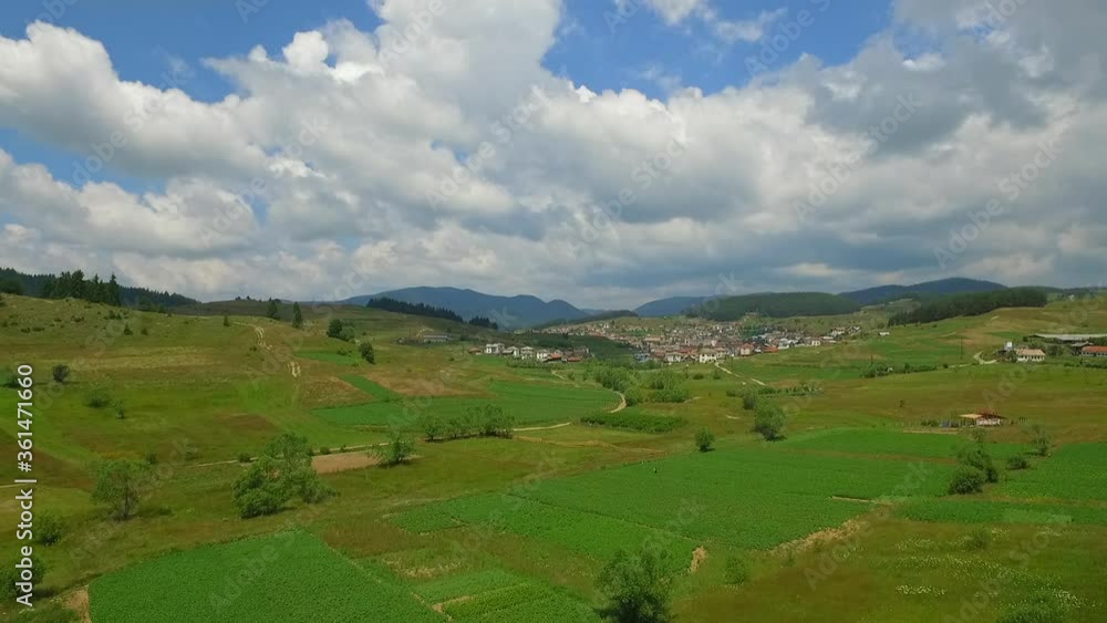 Green arable land near a small village. Aerial shot. Green arable land near a small village. Aerial shot.