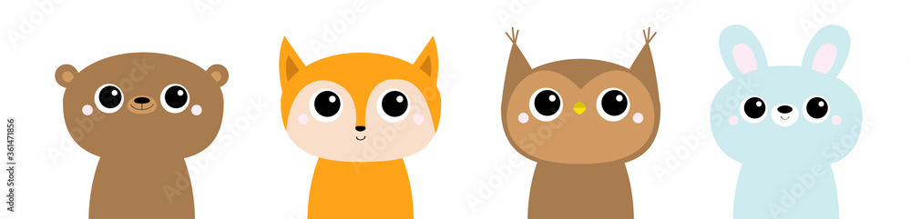 Fox owl bird bear hare rabbit set. Forest animal round head face icon line. Cute kawaii cartoon funny baby character. Kids education cards. Flat design. Isolated. White background. Fox owl bird bear hare rabbit set. Forest animal round head face icon line. Cute kawaii cartoon funny baby character. Kids education cards. Flat design. Isolated. White background.
