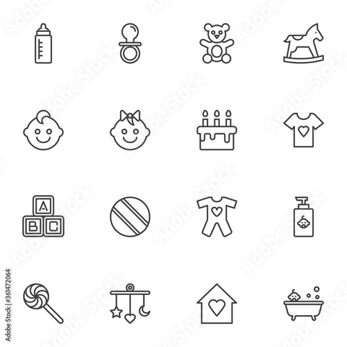 Baby items line icons set, outline vector symbol collection, linear style pictogram pack. Signs, logo illustration. Set includes icons as bear soft toy, pacifier, feeding bottle, bath, boy and girl