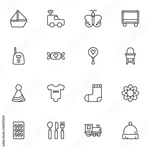Baby items line icons set, outline vector symbol collection, linear style pictogram pack. Signs, logo illustration. Set includes icons as clothes, socks, romper, feeding chair, candy, crib, medicine