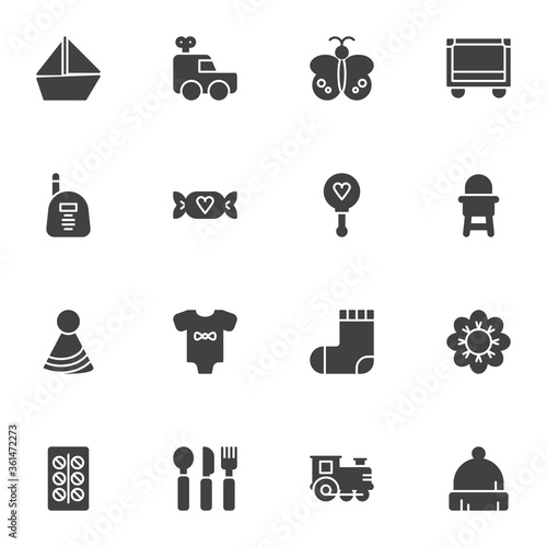Baby items vector icons set, modern solid symbol collection, filled style pictogram pack. Signs, logo illustration. Set includes icons as clothes, socks, romper, feeding chair, candy, crib, medicine
