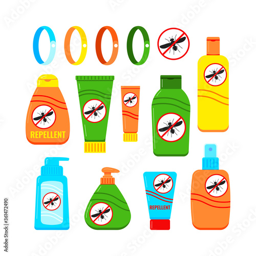 Mosquito repellent cream and spray set isolated on white background in flat style. Different plastic tube with stop mosquito sign. Outdoor protection, repelling flying insects vector illustration.