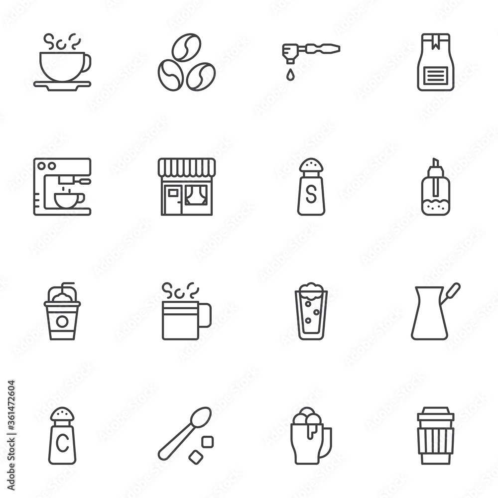 Coffee shop line icons set, outline vector symbol collection, linear style pictogram pack. Signs, logo illustration. Set includes icons as roasted coffee beans, hot tea cup, sugar, milkshake glass Coffee shop line icons set, outline vector symbol collection, linear style pictogram pack. Signs, logo illustration. Set includes icons as roasted coffee beans, hot tea cup, sugar, milkshake glass