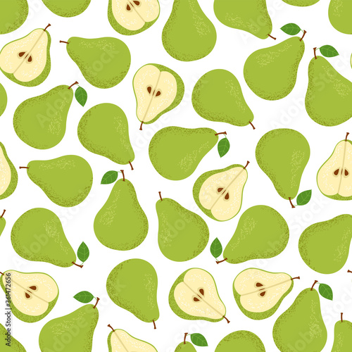 Green pears with leaves on a white background. Seamless pattern. Vector illustration.