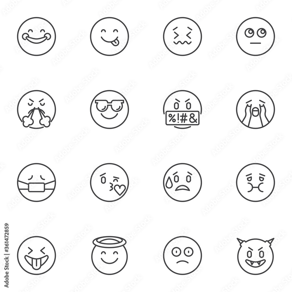 Emoji mood line icons set, outline vector symbol collection, emoticon linear style pictogram pack. Signs, logo illustration. Set includes icons as happy smiley, angry, crying, kissing, sad, smiling Emoji mood line icons set, outline vector symbol collection, emoticon linear style pictogram pack. Signs, logo illustration. Set includes icons as happy smiley, angry, crying, kissing, sad, smiling