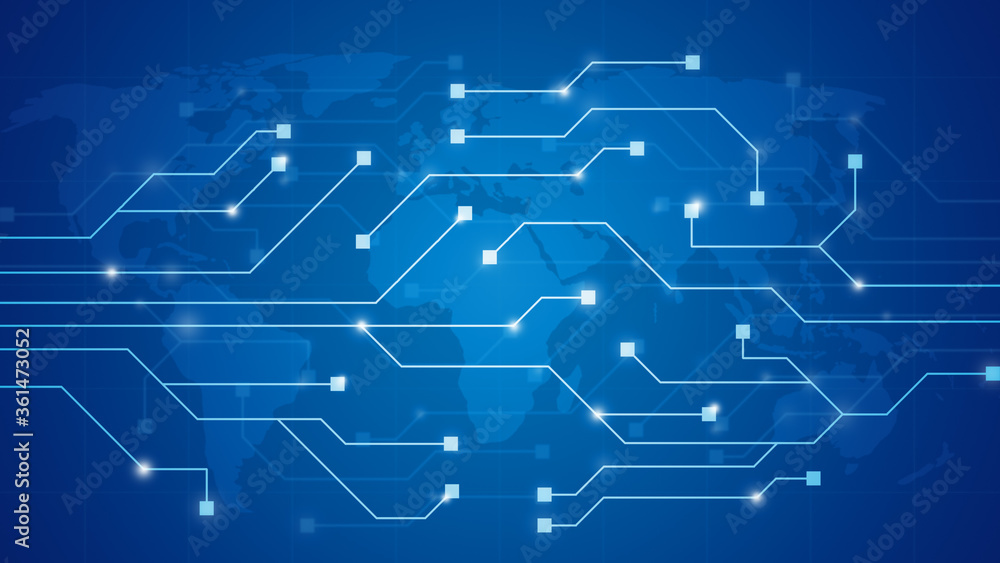 Abstract futuristic circuit board or network illustration with world map. Electronics, technology or computer concept blue background in 4k resolution. Abstract futuristic circuit board or network illustration with world map. Electronics, technology or computer concept blue background in 4k resolution.