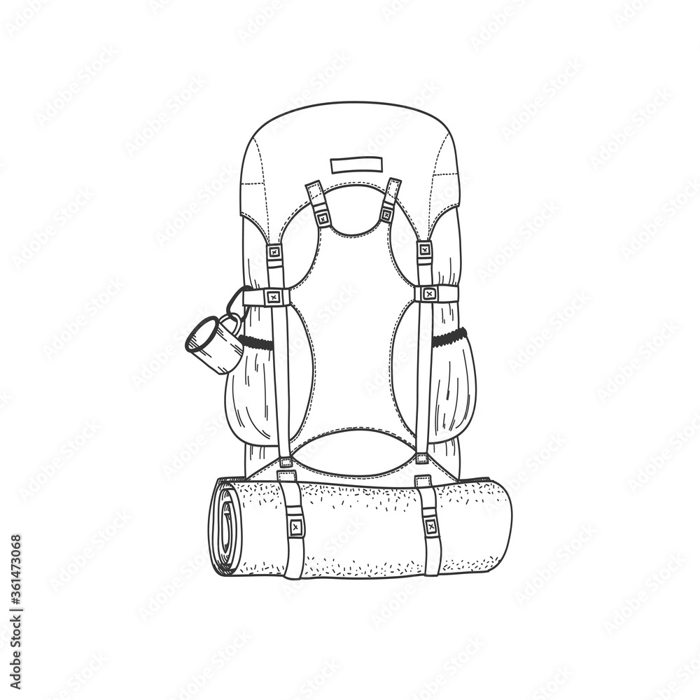 Vector flat image of a backpack. Travel backpack. Go Hiking, camping. A backpack with a mug and a mouse pad. Linear drawing Vector flat image of a backpack. Travel backpack. Go Hiking, camping. A backpack with a mug and a mouse pad. Linear drawing