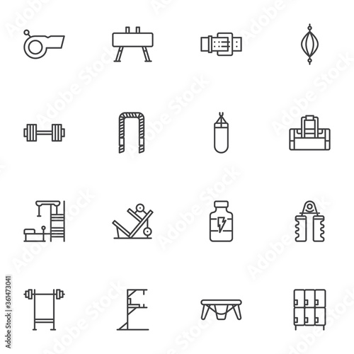 Gym equipment line icons set, outline vector symbol collection, linear style pictogram pack. Signs, logo illustration. Set includes icons as punching bag, barbell, locker room, training apparatus