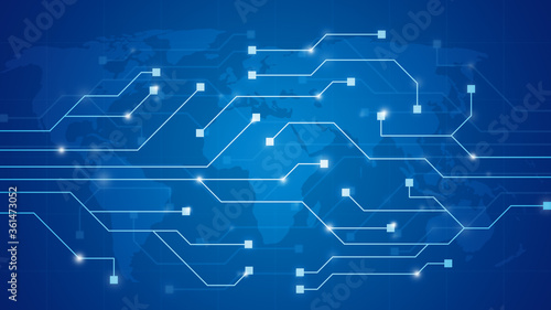 Abstract futuristic circuit board or network illustration with world map. Electronics, technology or computer concept blue background in 4k resolution.