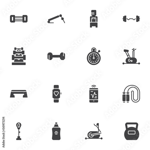 Gym and fitness vector icons set, modern solid symbol collection, sports equipment filled style pictogram pack. Signs, logo illustration. Set includes icons as stopwatch, exercise bike, barbell, water