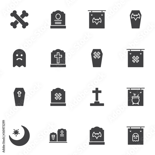 Happy halloween vector icons set, modern solid symbol collection, filled style pictogram pack. Signs, logo illustration. Set includes icons as graveyard tombstone, ghost, bat, crossbones, coffin