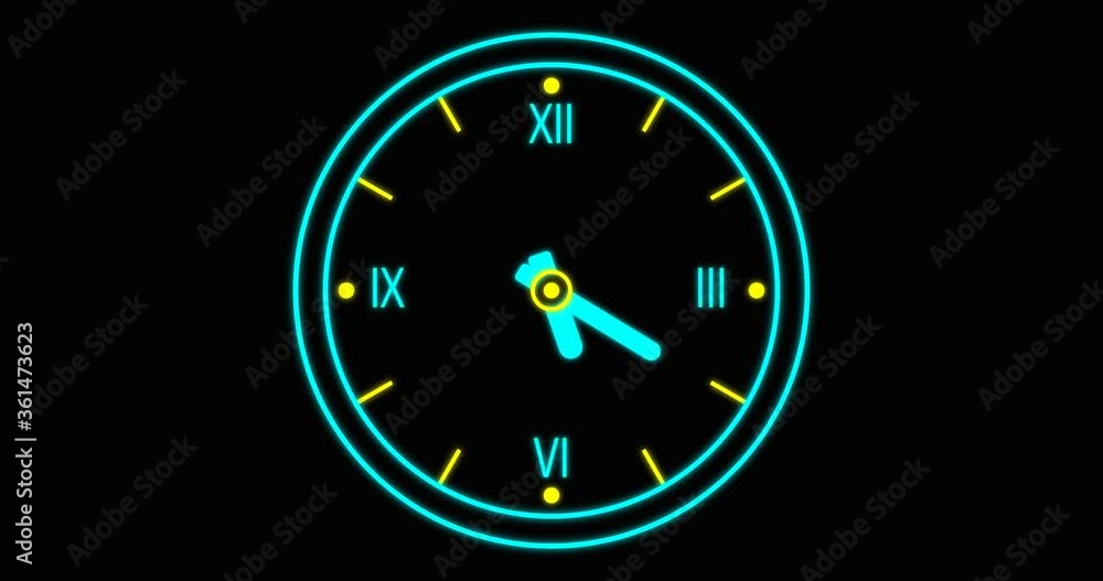 Animation of rotation of neon roman clock from 8 a.m. to 6 p.m. Animation of rotation of neon roman clock from 8 a.m. to 6 p.m.