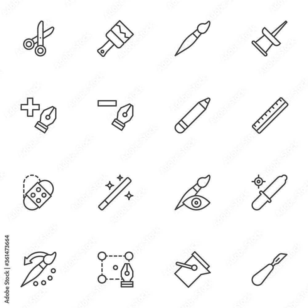 Designer tools line icons set, outline vector symbol collection, linear style pictogram pack. Signs logo illustration. Set includes icons as drawing and painting, pen tool cursor, push pin, cut, ruler Designer tools line icons set, outline vector symbol collection, linear style pictogram pack. Signs logo illustration. Set includes icons as drawing and painting, pen tool cursor, push pin, cut, ruler